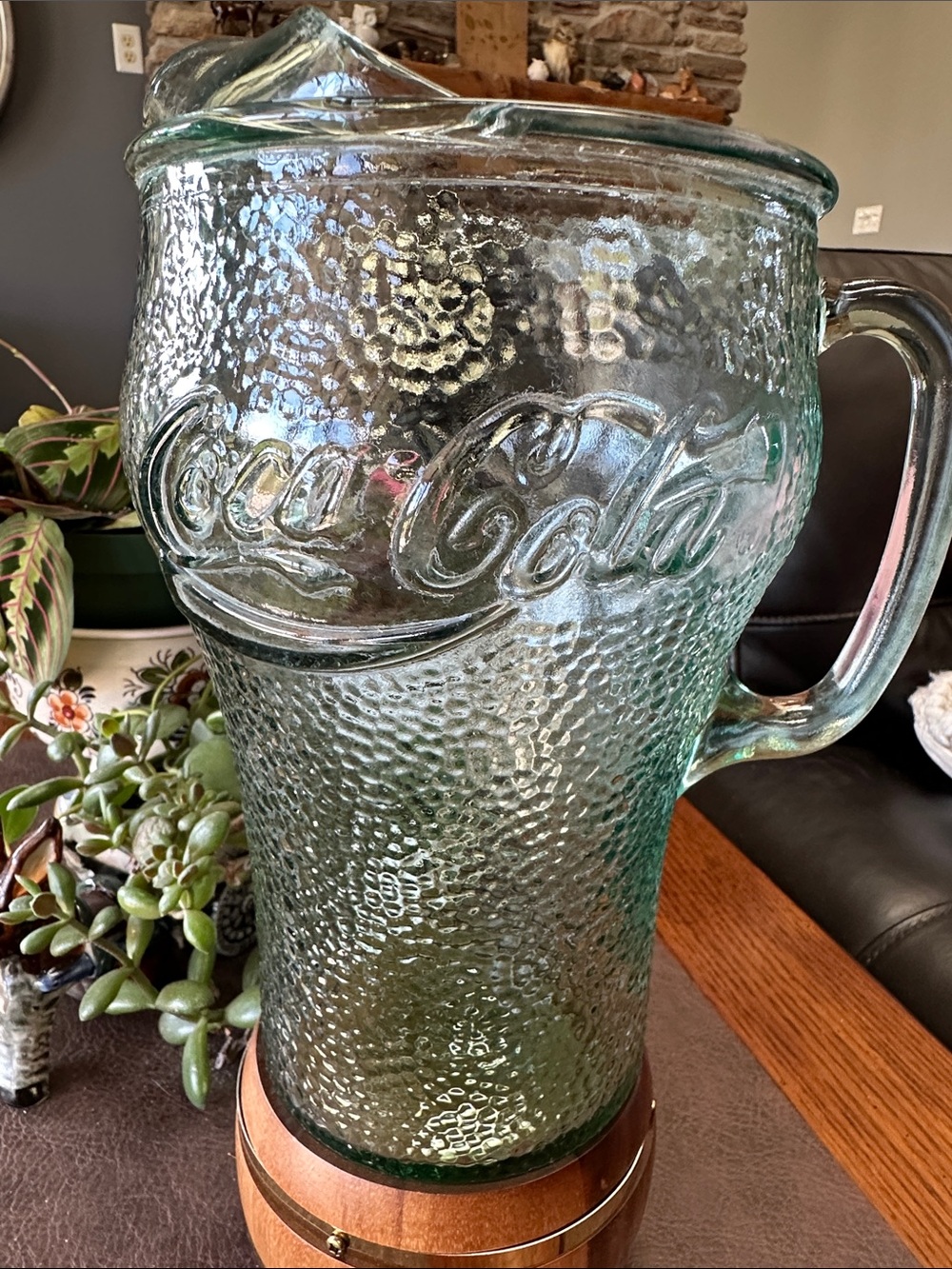 Vintage Coca Cola Embossed Textured Glass Pitcher in Aqua-Green